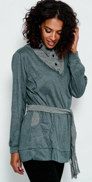 Туніка жіноча трикотажна з сорочковим коміром та поясом розміри 42-52